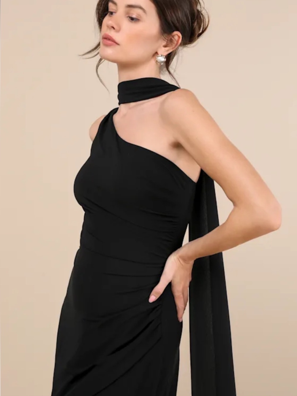 New Lulus Adeline Black One-Shoulder Evening Gown with Draped Sash Sz Medium - Picture 3 of 8